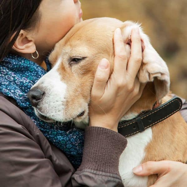 A person embracing their dog
